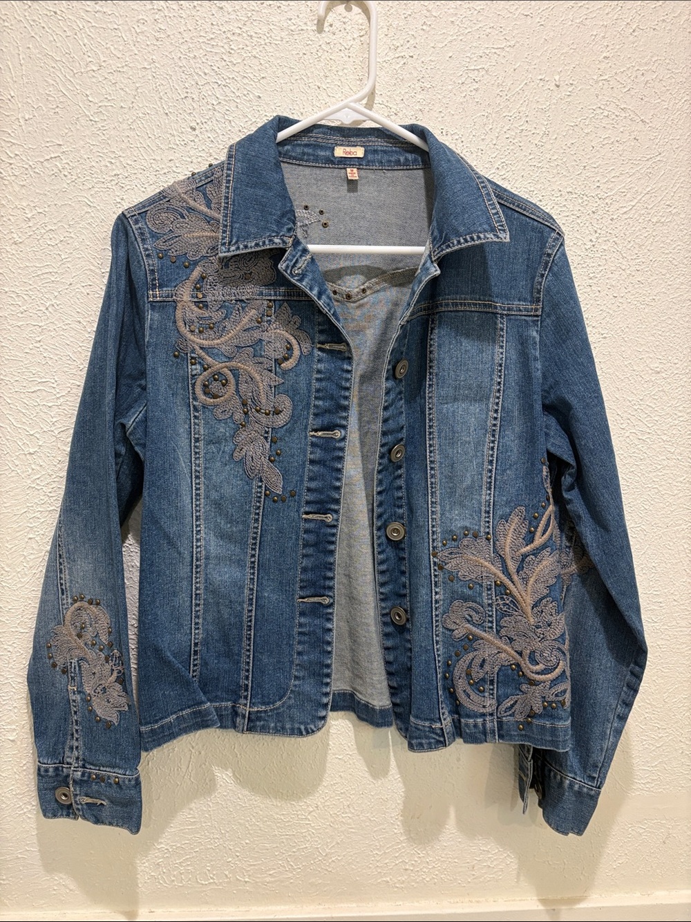 Reba Blue Denim Jacket with Taupe Embroidery